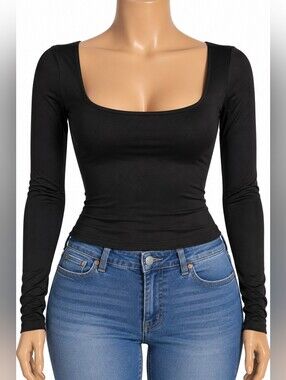Temptations Black Long Sleeve Scoop-Neck Top
